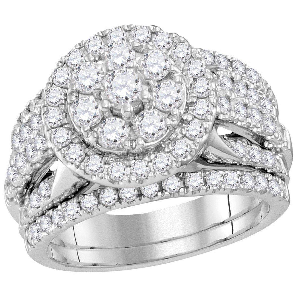 14Kt White Gold Womens Diamond Cluster Bridal Ring Band Set 2.00 Cttw 