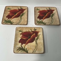 Pier 1 Imports POPPIES Square Luncheon Salad Plates 8.5&quot; Set of 3 Red Fl... - $28.66