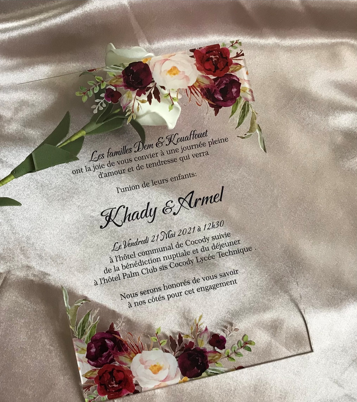 Burgundy Red Rose Flowers Acrylic Wedding Invitation,Custom 10pcs Acrylic Invite