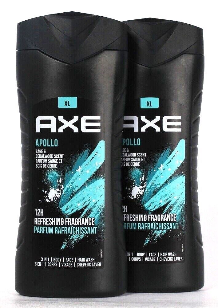 2 Bottles Axe XL 13.5oz Apollo Sage & Cedarwood 3 In 1 Body Face Hair Wash