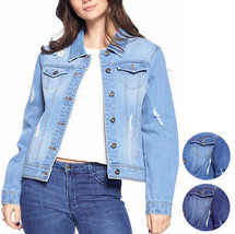 Women's Classic Distressed Cotton Denim Button Up Long Sleeve Jean Jacket