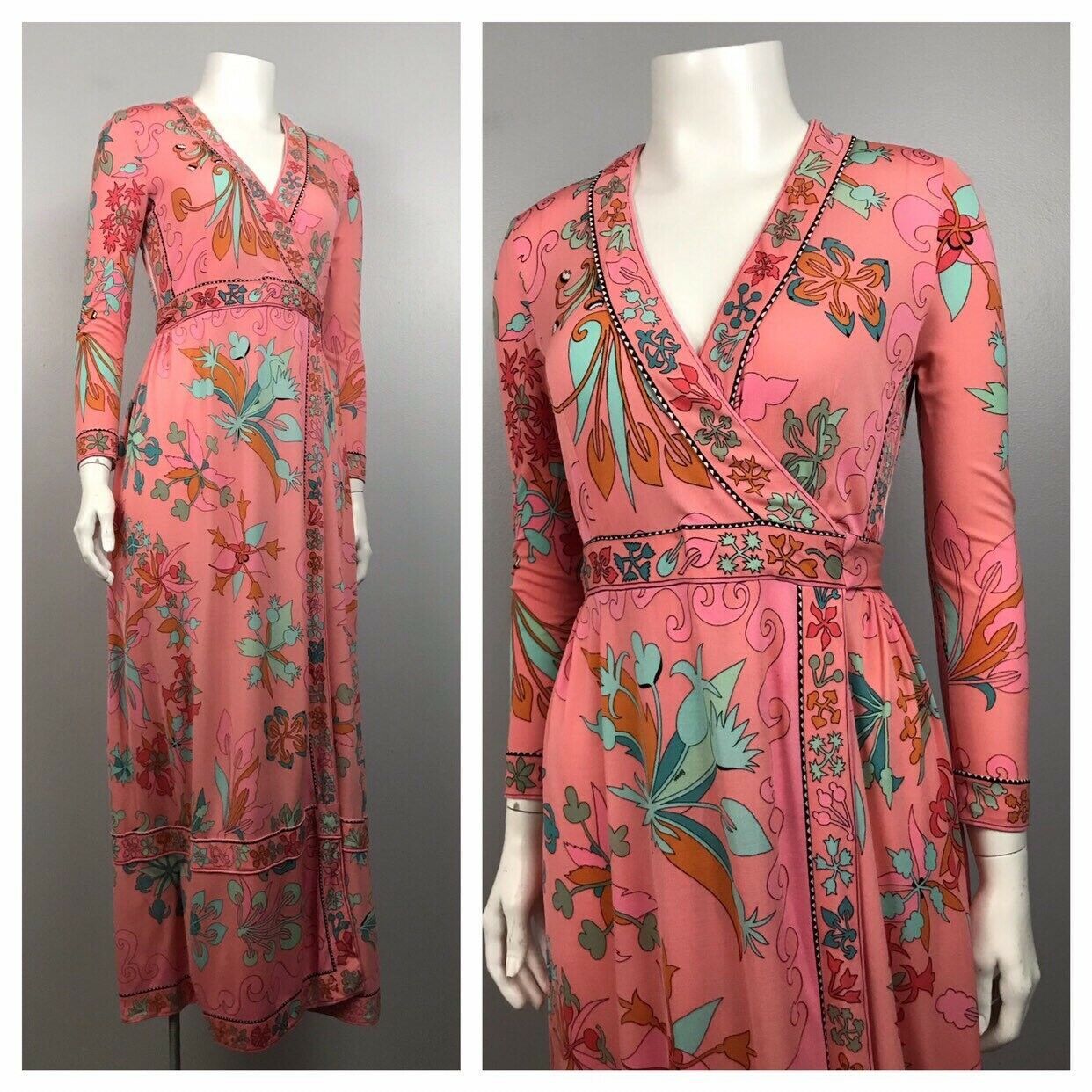 1960s Signed Bessi Pop Art Dress / Pink Silk Designer Wrap Dress Maxi ...