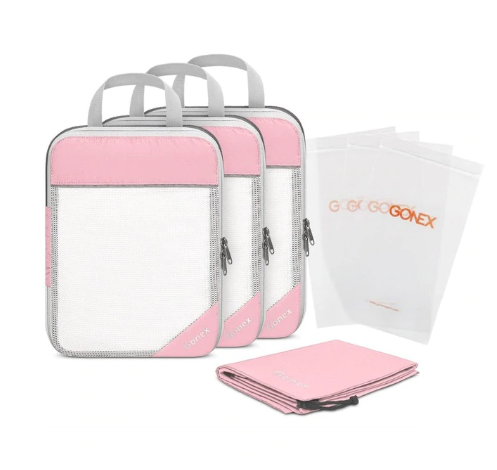 8pcs/set Travel Storage Bag Suitcase Mesh Pocket & 4 Reusable Zip Bags - Pink