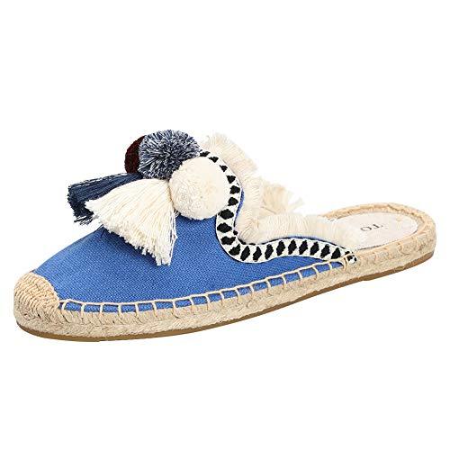Women's Canvas Mule Shoes with Tassel & Fluffy Ball Espadrilles Slides ...