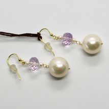 SOLID 18K YELLOW GOLD EARRINGS WITH BIG WHITE PEARLS AND AMETHYST MADE IN ITALY image 6