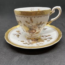 Royal Tuscan Footed Tea Cup and Saucer Gold Rim Fruit Scalloped England - $23.97