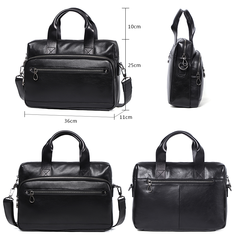 Simple Men Briefcase Business Bag Black Genuine Leather Shoulder Bags