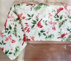 Printed Linen Tablecloth 60" X 104" Oblong, Christmas Cardinal Festive Birds, Bm - $27.71