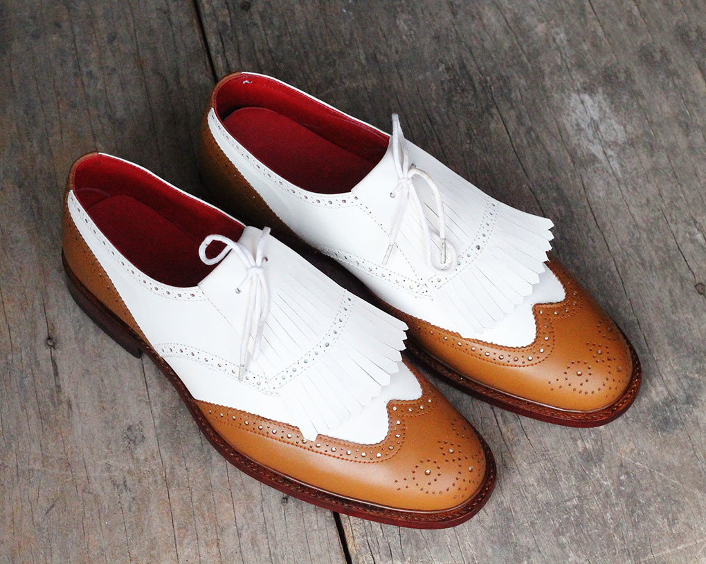 Handmade Men's Tan & White Leather Fringed Dress Shoes, Men Leather Brogue shoes