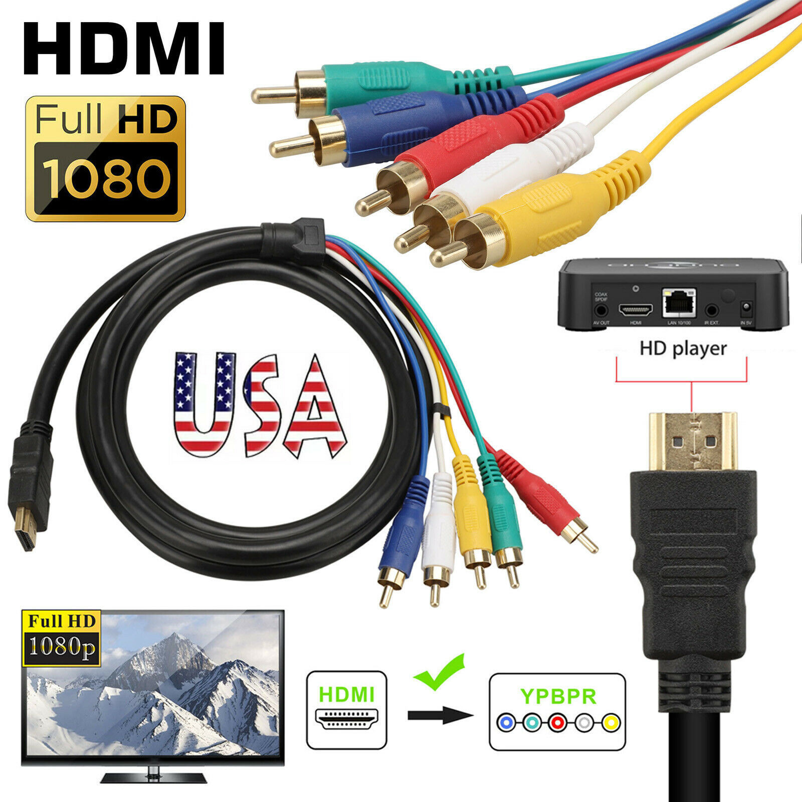 1080P Premium HDMI Male to 5RCA RGB Audio Video Cable Cord Connector Gold Plated Audio Cables