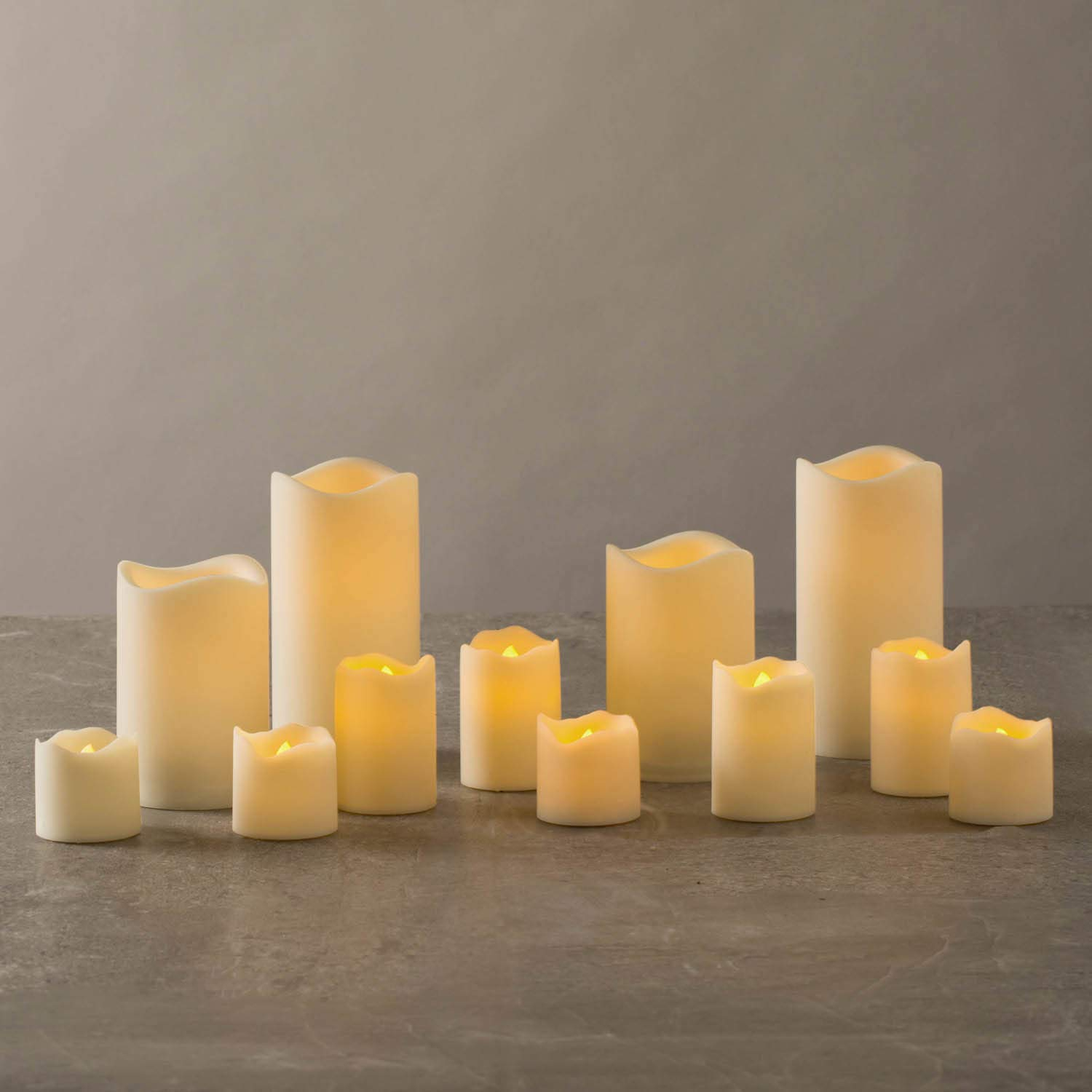 Outdoor Flameless Candle Set - 12 Assorted Pillar Candles, Warm White 