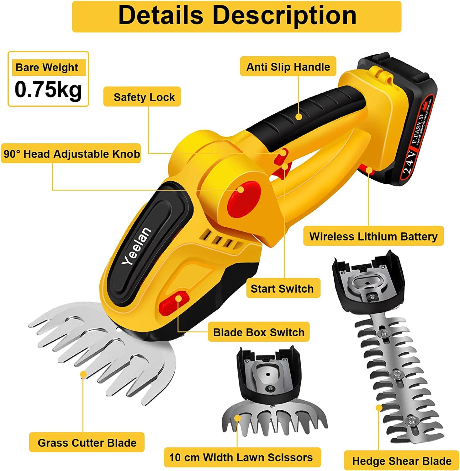 24V Hedge Trimmer Cordless & Grass Shear, Yeelan 2 in 1 Handheld Shrub