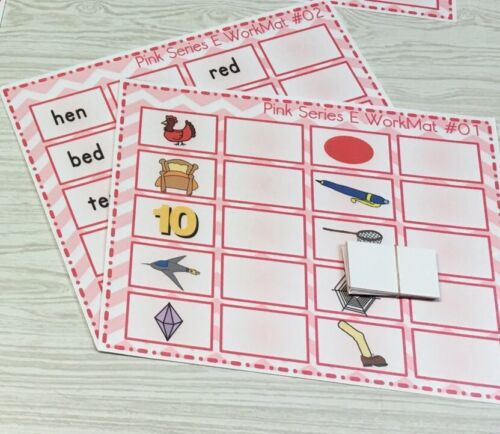 Vowel E WorkMats The Pink Series Montessori 20 cards-2 Laminated WorkMats 