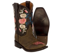 Cowgirl Toddler Boots Girls Brown Cowboy Western Up Snip Toe Flower Real Leather - $54.99