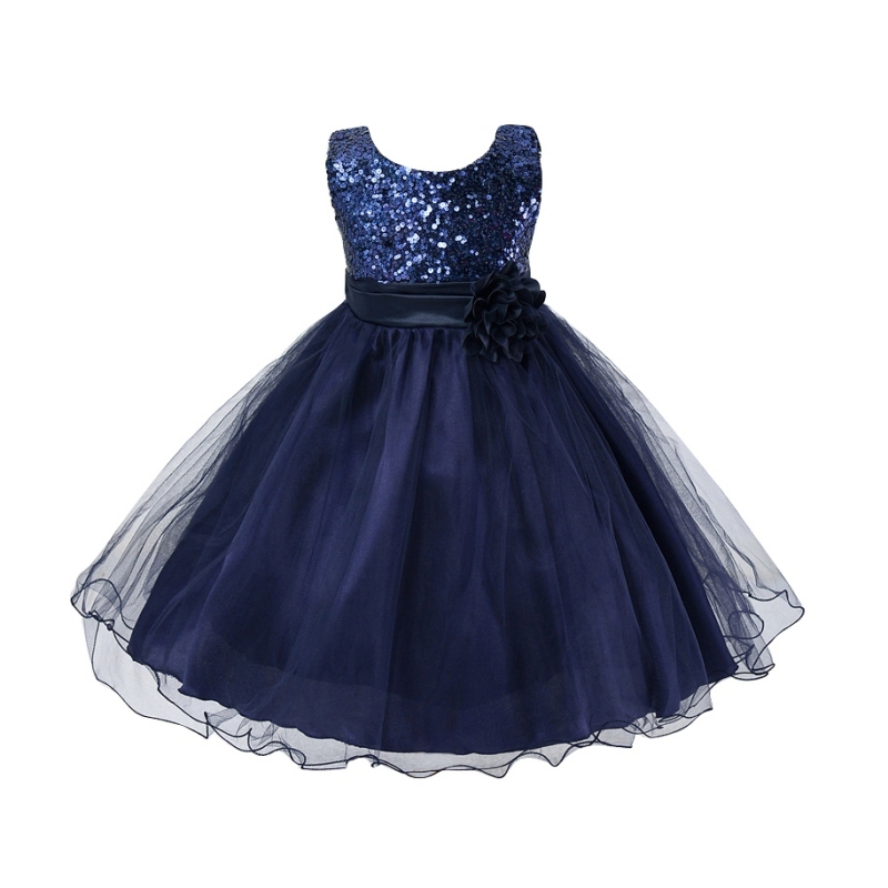 (dark blue size 5)2016 Summer Sleeveless Baby Girls Sequin Flower Back ...