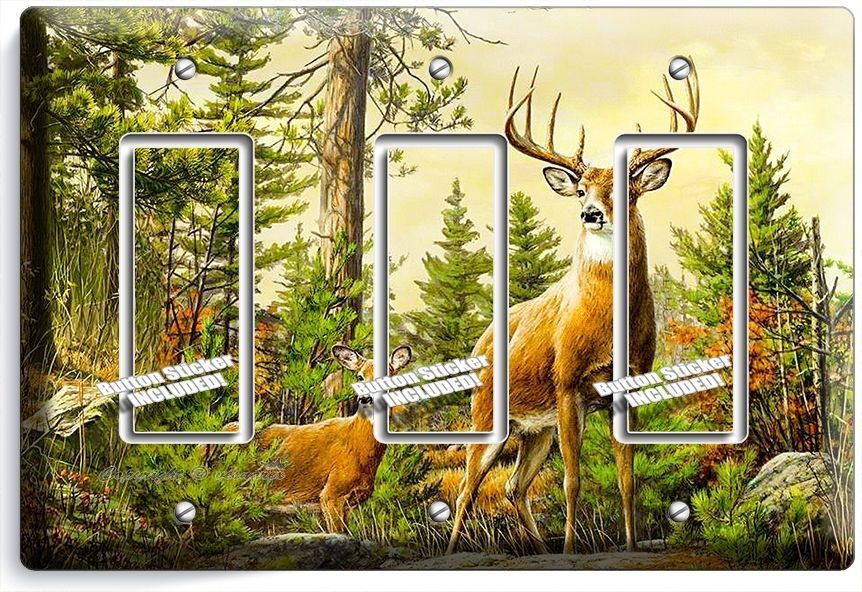WHITETAIL DEER BUCK ANTLERS TRIPLE GFCI LIGHT SWITCH WALL PLATE COVER HOME DECOR