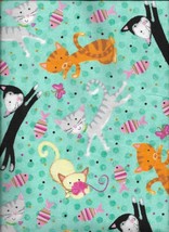 New Cats Playtime w/Fish, Yarn, and Butterflies Green Flannel Fabric Half Yard - $4.46