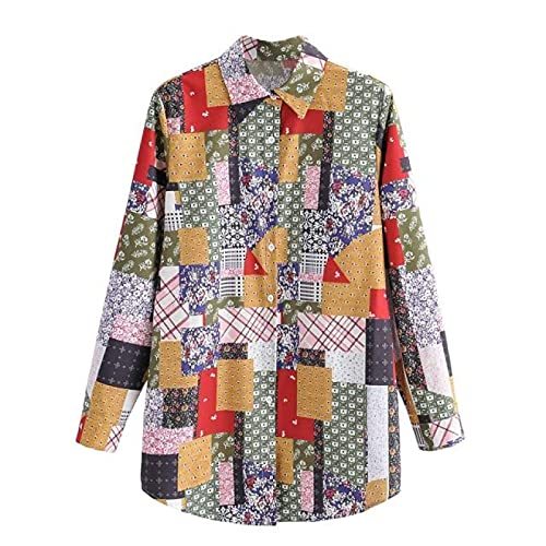 Cloth Patchwork Print Casual Slim Smock Blouse Office Ladies Turn Down Collar Sh