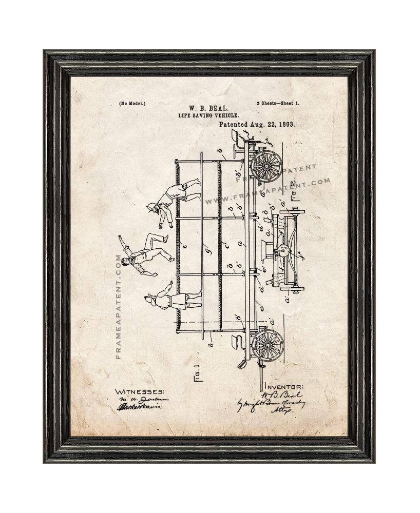 Life Saving Vehicle Patent Print Old Look with Black Wood Frame