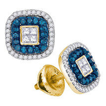 10k Yellow Gold Round Blue Color Enhanced Diamond Square Frame Cluster Earrings - $400.00