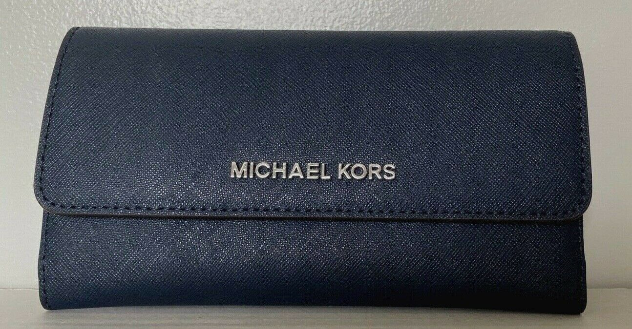 NWT Michael Kors Jet Set Travel Large Trifold wallet Leather Navy Silver
