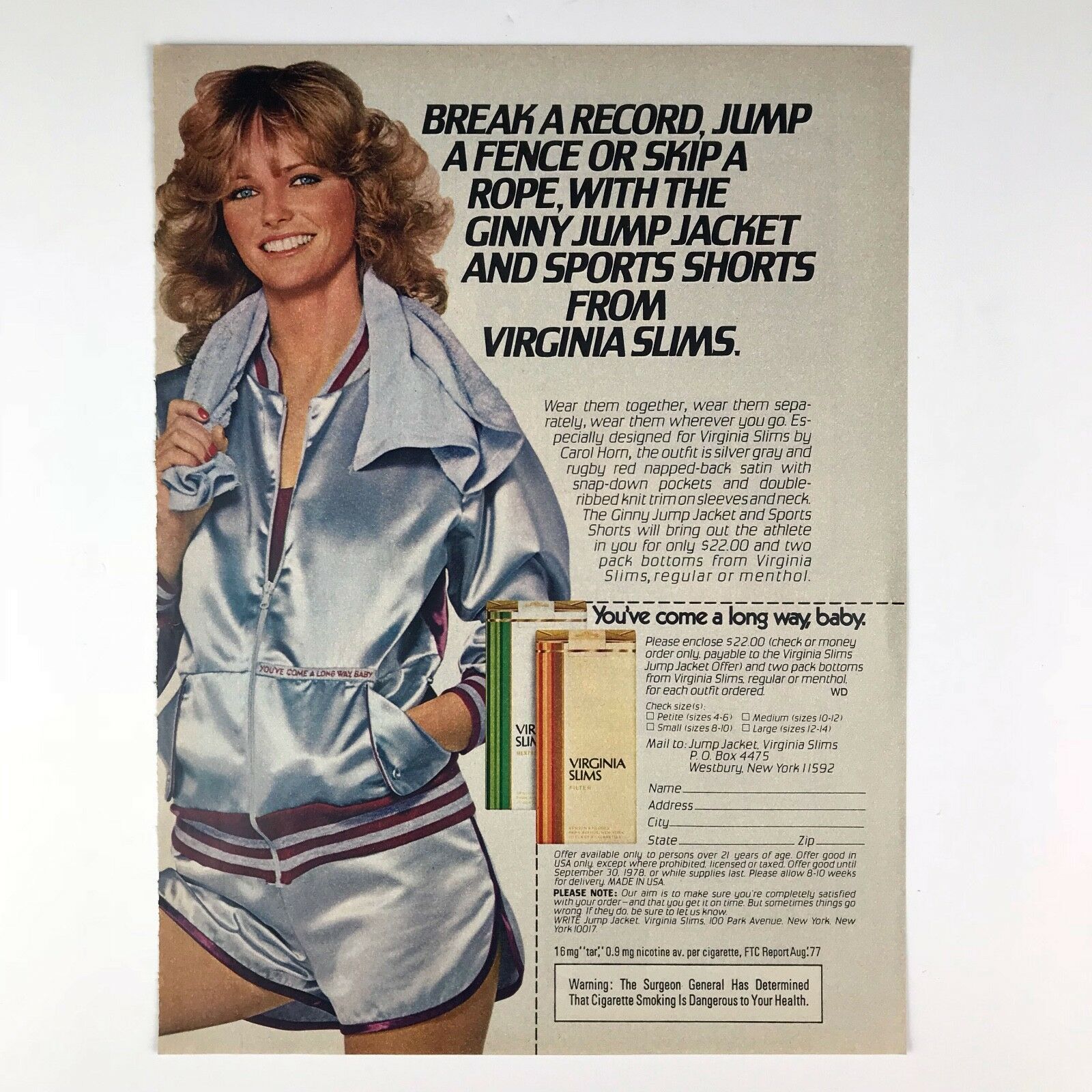 Virginia Slims Cheryl Tiegs Satin Jacket Cigarette Photo Print Magazine