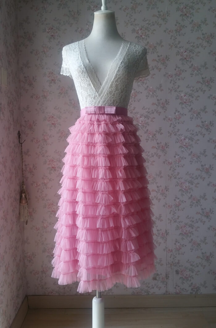 Tiered Midi Tulle Skirt High Waisted Tulle Midi Princess Skirt, Pink, Plus Size