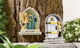 Fairy Pixie Door Statues Set of 2 w Whimsical Fairy Figurines Grey Blue 8" High