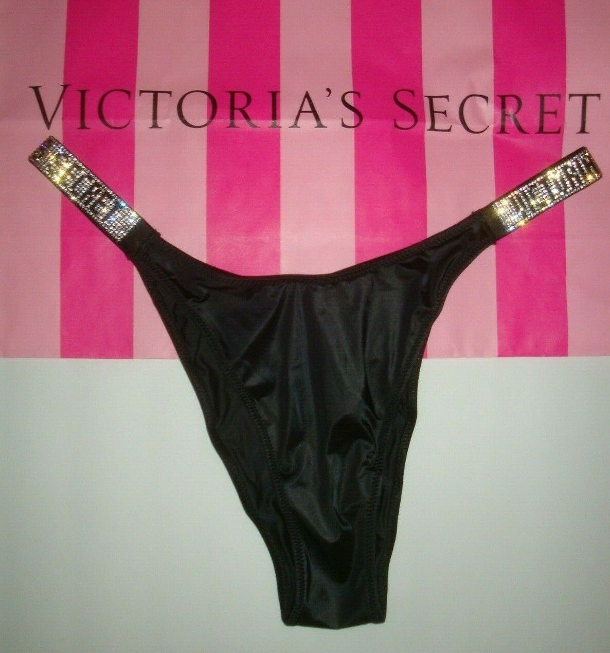 New Victorias Secret Logo Shine Strap Brazilian Thong Panty Black Size