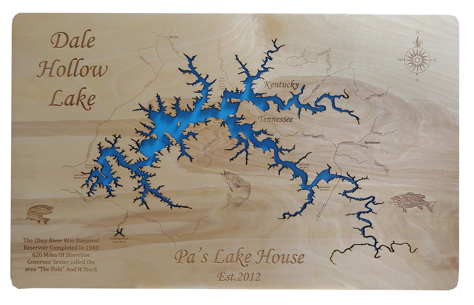 Wood Laser Cut Map of Dale Hollow Lake, TN Topographical Engraved Map ...