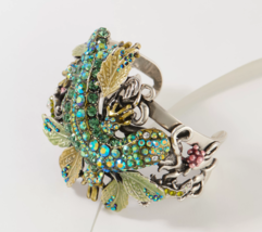 Kirks Folly Crystal Green Salamander Cuff Bracelet 8&quot;/6-3/4&quot; Diam Silver... - $118.73
