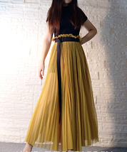 Women Yellow Long Tulle Skirt Side Slit High Waisted Pleated Tulle Skirt Outfit image 3
