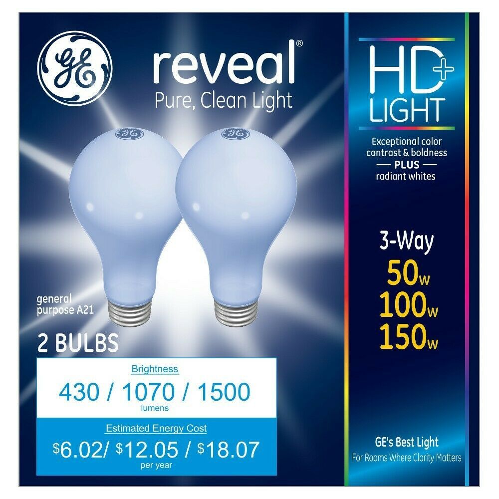 Brand New GE Reveal HD 3way 50W/100W/150W A21 2Pack Pure Clean Light