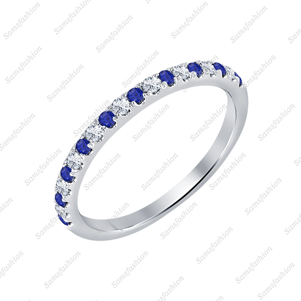 Round Cut  Sapphire & Dia 14k White Gold Over Half Eternity Wedding Band Ring