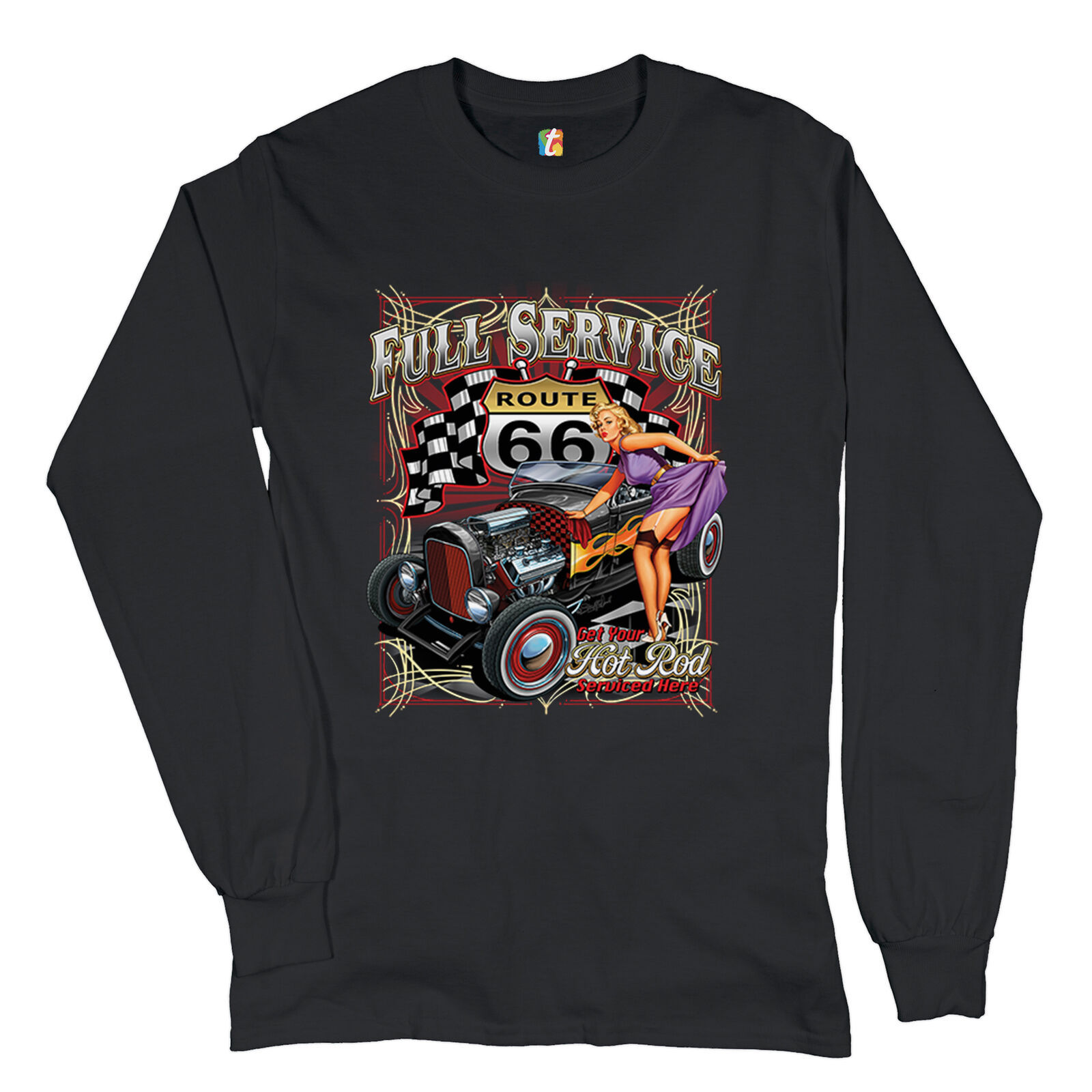 Route 66 Hot Rod Long Sleeve T-shirt Full Service Pinup Girl Drag ...