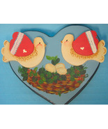Wooden Wood Doves Birds Scene Handpainted Heart Wall Hanging Picture Blu... - $17.95