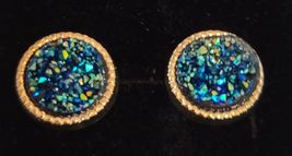 Blue Druzy Earrings Post Back Gold Framed Round NEW image 1