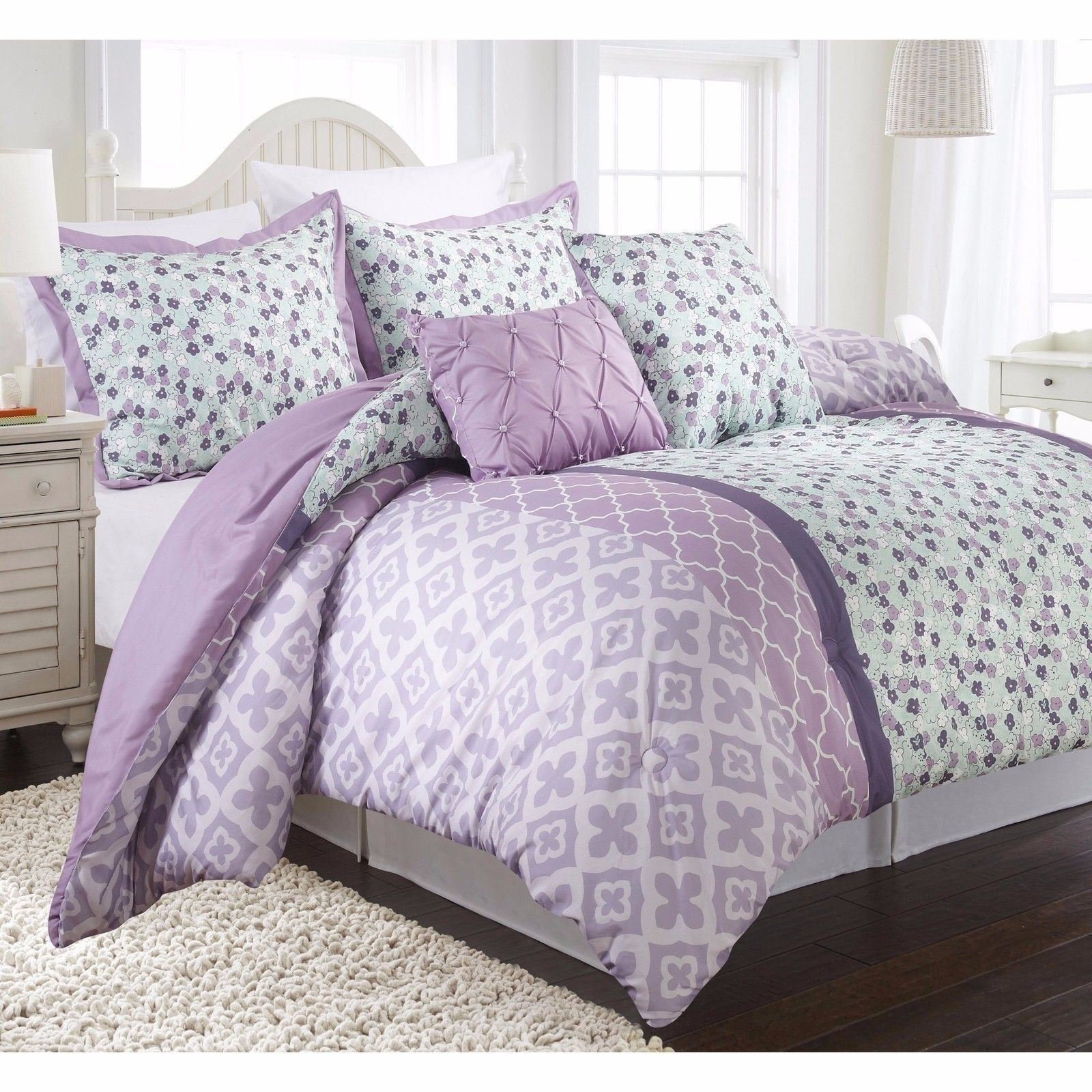 Twin Full Queen Lavender Purple Pintuck Pleat Floral 5 pc Comforter Set
