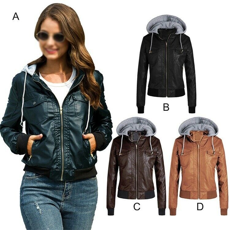Special Blend - Womens ladies biker motorcycle hooded detachable bomber real leather jacket coat