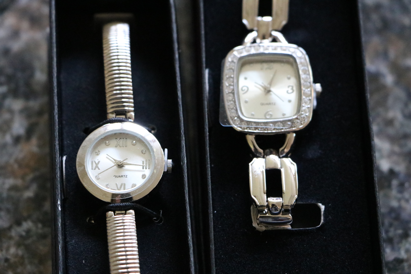 Primary image for Ladies Silver Bracelet Watches Rinestone Ribbed and Bold Link Avon Lot of 2