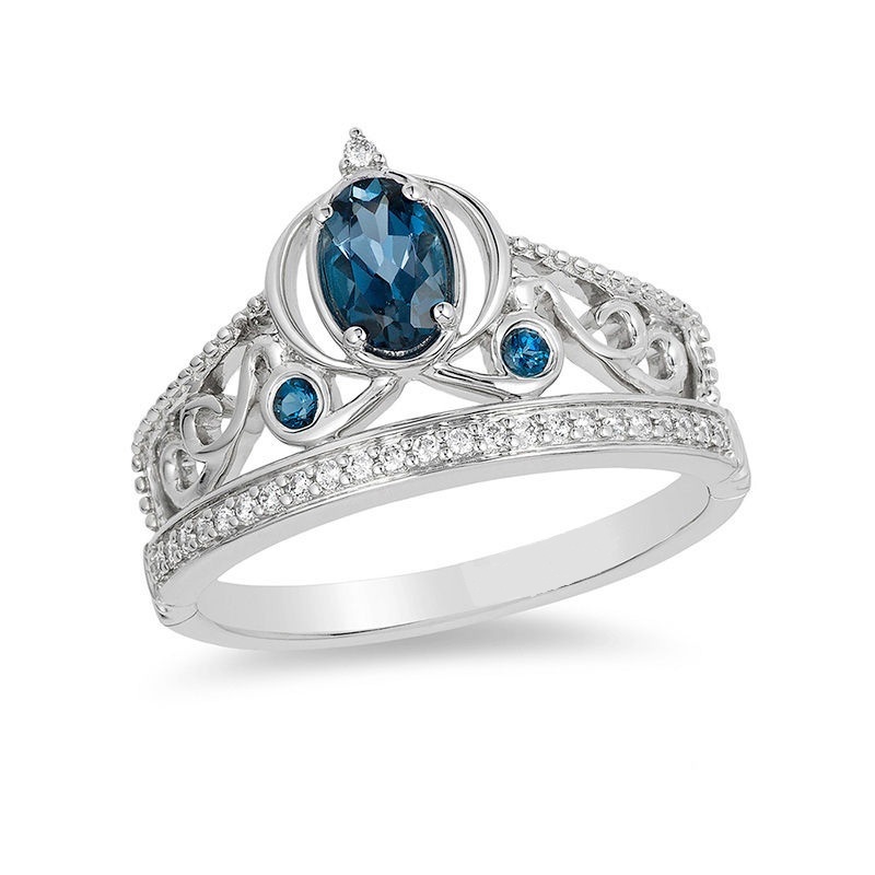 Enchanted Disney Cinderella Oval CZ Blue Topaz &1/10 CT.Diamond  925 Silver ring