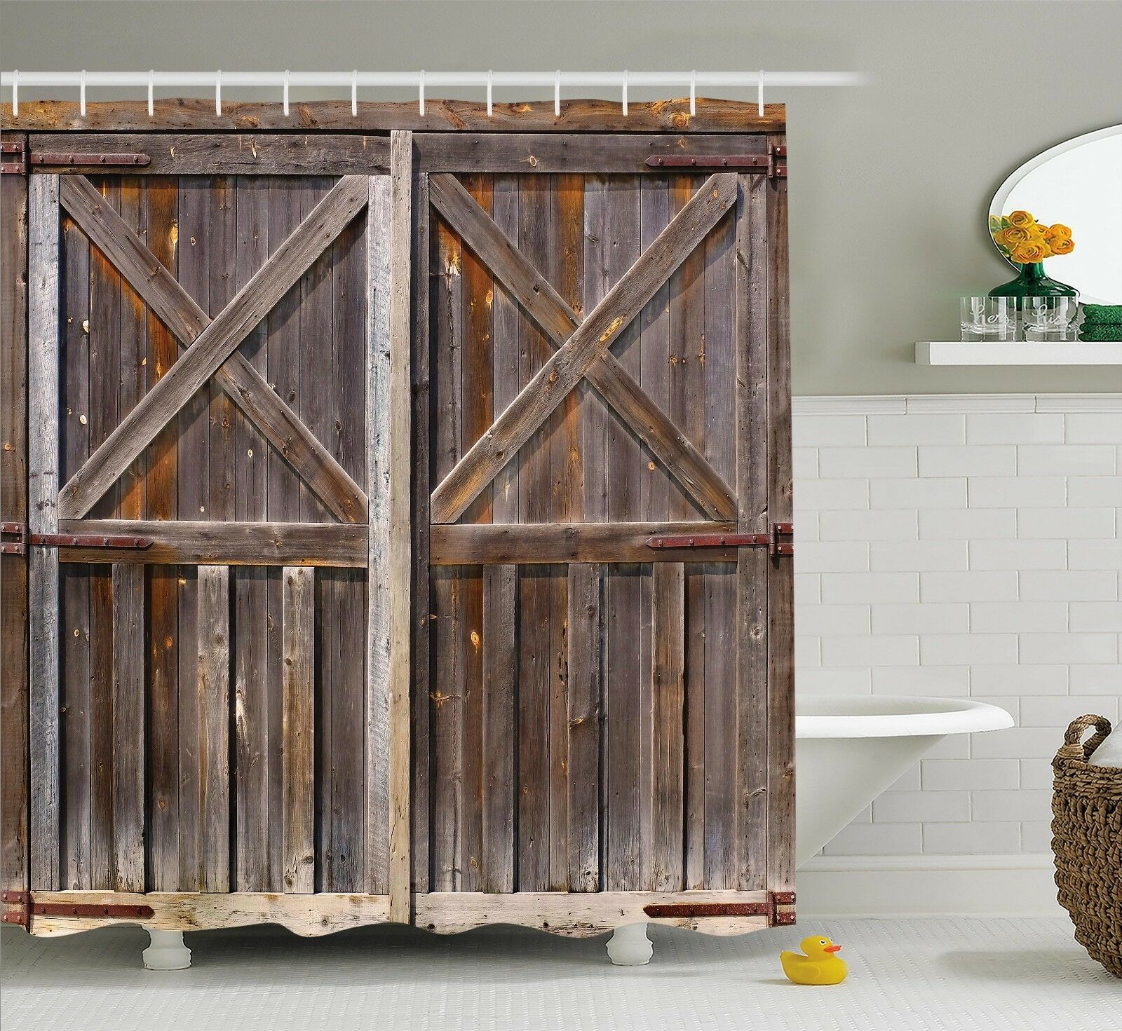 Wooden Barn Door Fabric Shower Curtain Rustic Farm Country Shed Boards