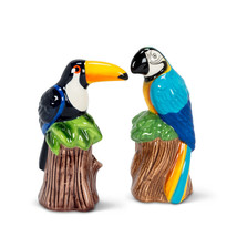 Salt and Pepper Shaker Set Tropical Birds Toucan and Parrot Ceramic 4.5" High image 1