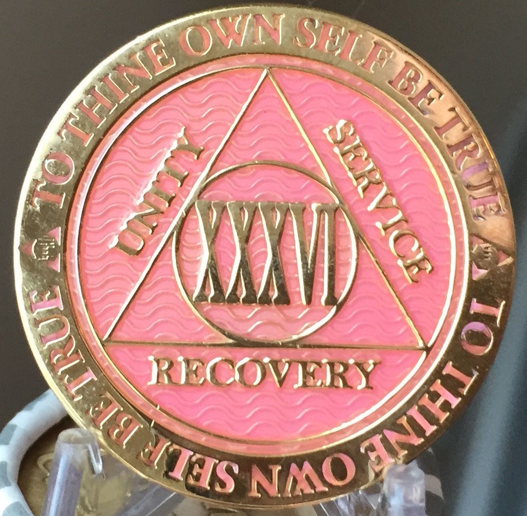 36 Year AA Medallion Pink Gold Plated Alcoholics Anonymous Sobriety ...