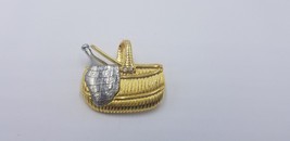 Signed Liz Claiborne (LC) Gold Tone Picnic Basket Pin / Brooch Silver Accents - $14.47