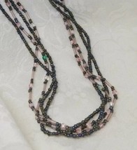 Premier Designs Seed Bead Necklace Glass Multi-Strand Gunmetal Grey Pink 19" - $14.84