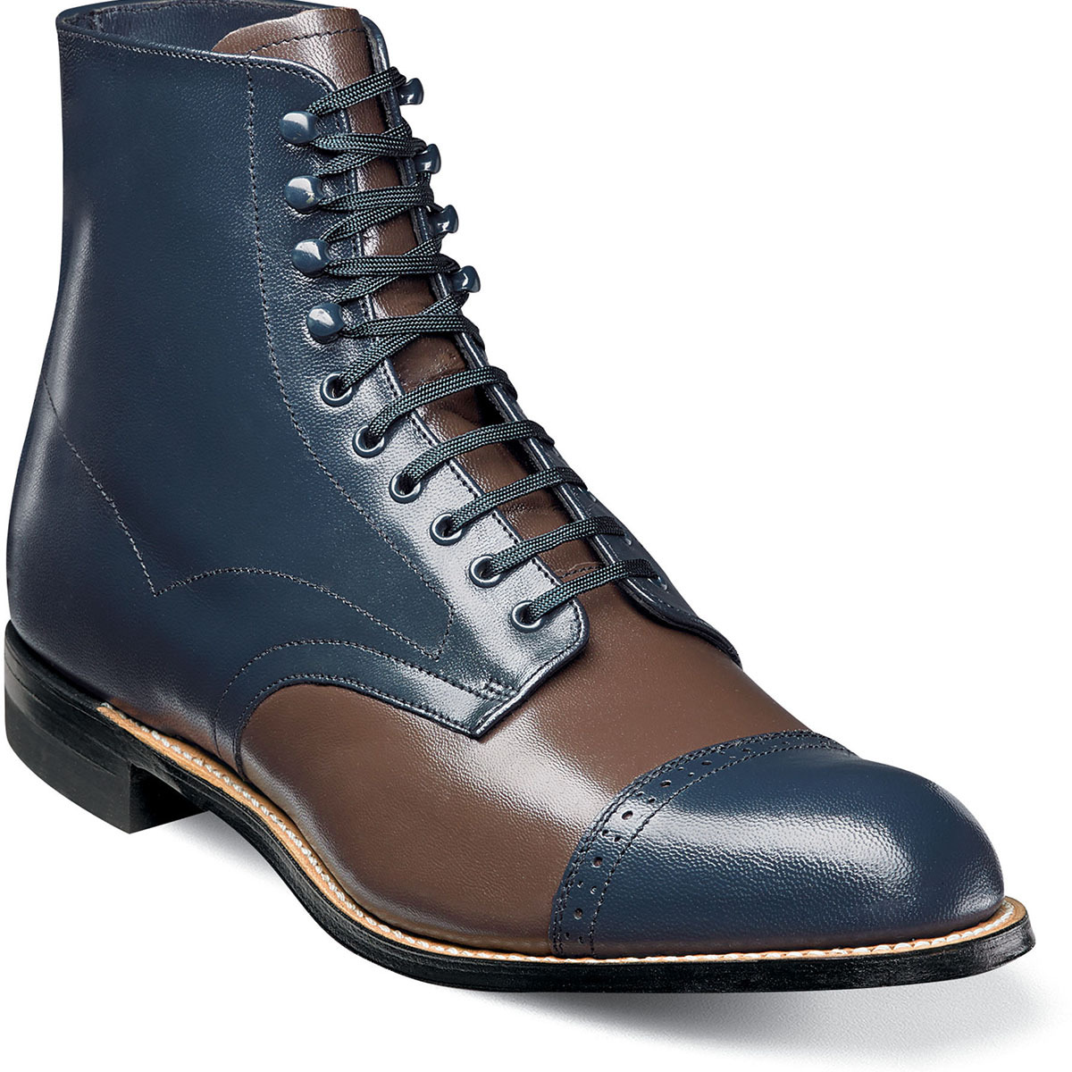 High Ankle Two Tone Genuine Leather Rounded Cap Toe Handmade Lace Up Boots
