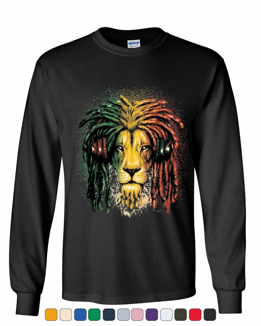 Rasta Lion with Headphones Long Sleeve T-Shirt Jamaica Jah 420 Weed Tee Shirt