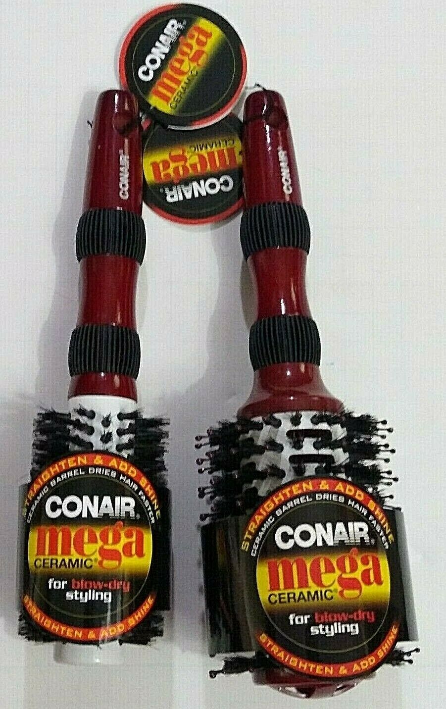 Primary image for 2 Pk Conair Mega Ceramic Hair Brush Boar Bristle 1¾" & 1" Barrel, Wood Handle