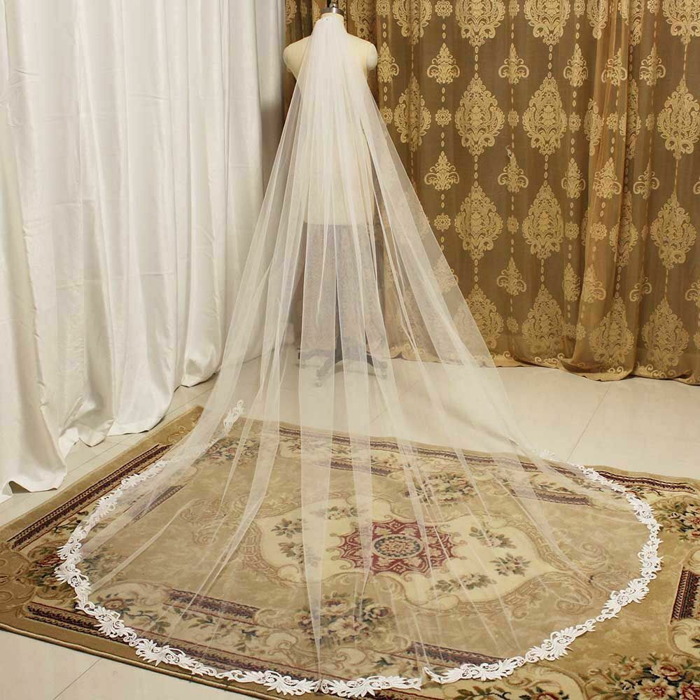 Women Elegant Ivory Wedding Veil Lace Appliques Cathedral Bridal Veil